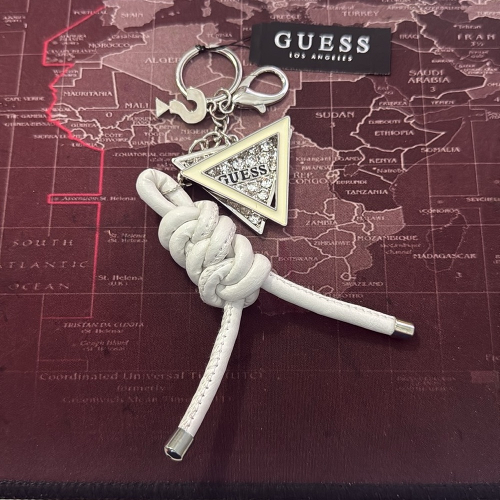 Guess White Braided Keychain with Silver Details